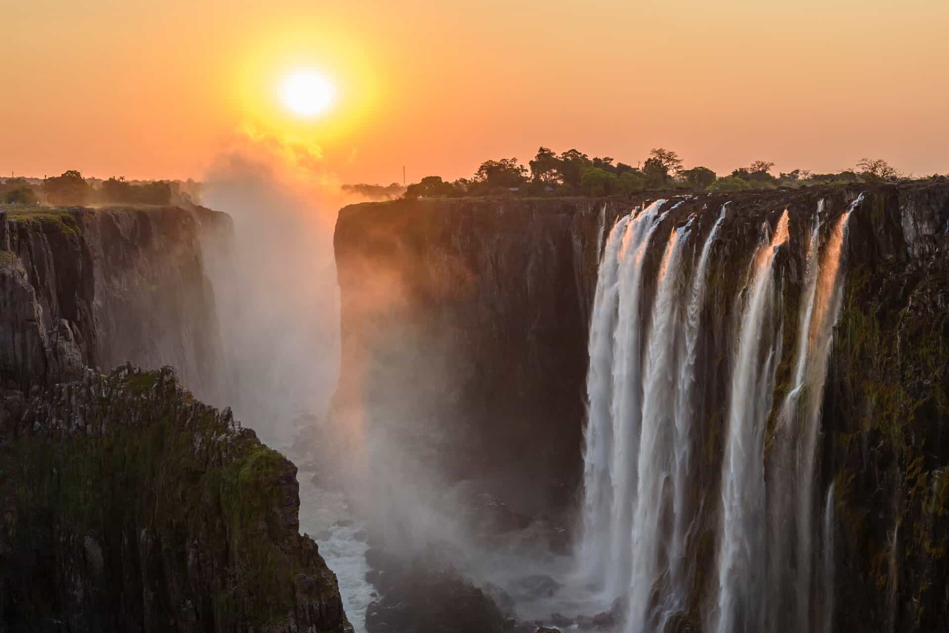 Victoria Falls Zimbabwe Mosi-oa-Tunya waterfall at sunset